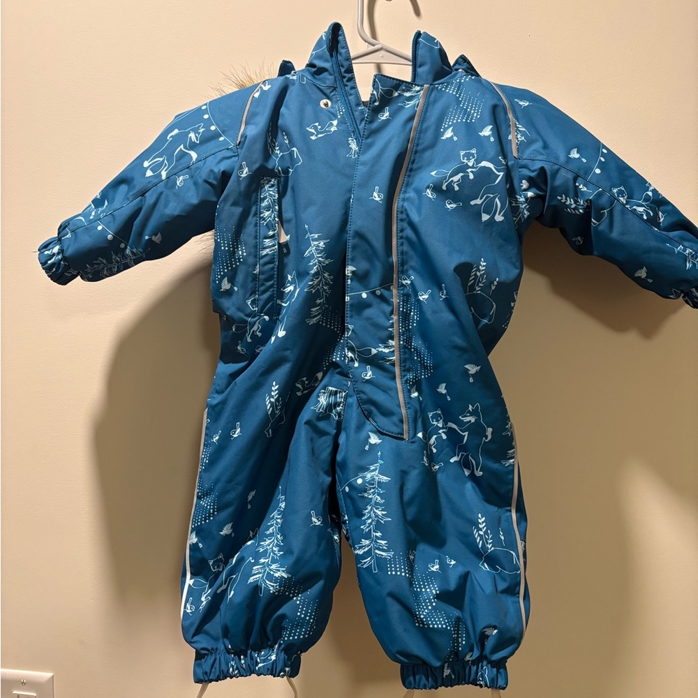 Reima Baby Girl Blue Animal Print Waterproof Snow Suit with Fur Hood, 9-12 Month